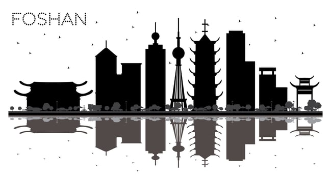 Foshan China City skyline black and white silhouette with Reflections. vector
