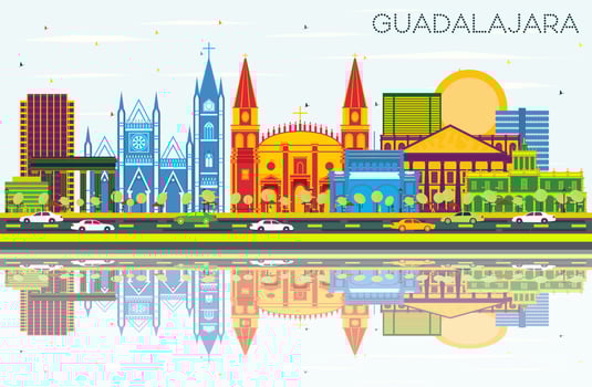 Guadalajara Mexico Skyline with Color Buildings, Blue Sky and Reflections. vector