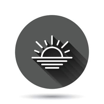 Sun icon in flat style. Sunlight sign vector illustration on black round background with long shadow effect. Daylight circle button business concept.