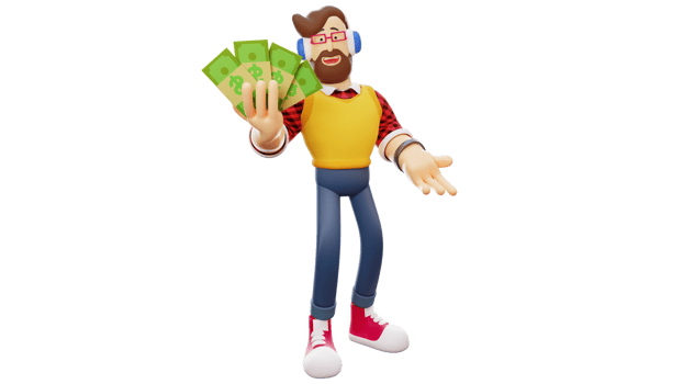 3D illustration. Rich 3D Man Cartoon Character. Rich young man is happy. Rich man holding lots of money and showing it while smiling. 3D Cartoon Character png