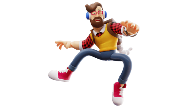 3D illustration. Unique young 3D Male Cartoon Character. Cool young man in flying pose. Cool man holding rocket bag smiling happily. 3D Cartoon Character png