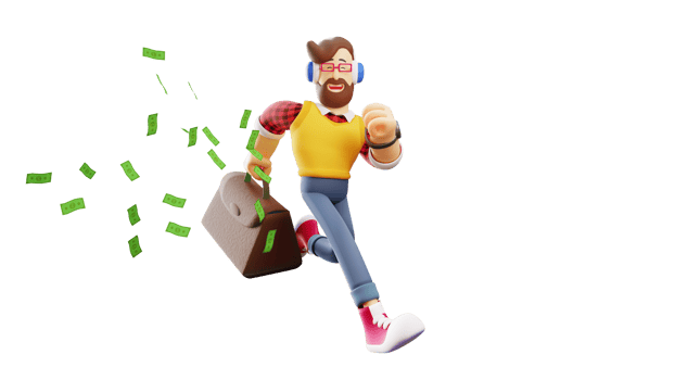 3D illustration. Rich young Man 3D Cartoon Character. Rich man walking with happy smile. Rich man carrying bag full of money. 3D Cartoon Character png