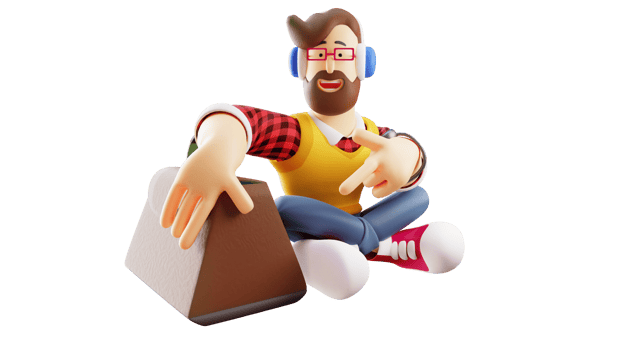 3D illustration. Friendly rich young 3D Man Cartoon Character. Rich man sitting relaxed with bag full of money beside him. Friendly man pointing at the bag. 3D Cartoon Character png