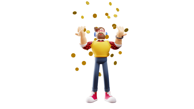 3D illustration. Rich young Man 3D Cartoon Character. Happy rich man Rich man scattering gold coins. 3D Cartoon Character png