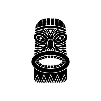 Silhouette of Tiki idol icon. Simple illustration of a tiki idol icon for web design isolated on a white background, Tiki tribal wooden mask, tropical exotic plant and bamboo board. Traditional Hawaii vector