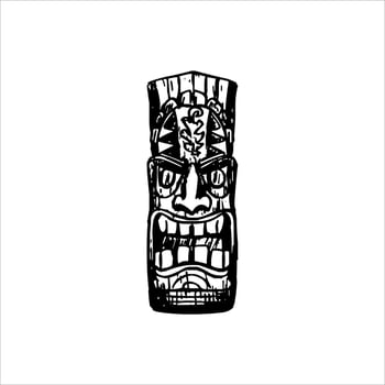 Silhouette of Tiki idol icon. Simple illustration of a tiki idol icon for web design isolated on a white background, Tiki tribal wooden mask, tropical exotic plant and bamboo board. Traditional Hawaii vector