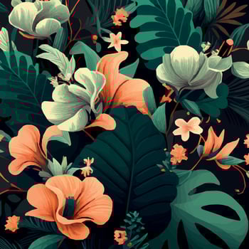 Seamless pattern of green tropical leaves with strelitzia, plumeria and hibiscus flowers on a dark background - Vector