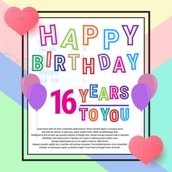 Happy Birthday 16 years, anniversary greeting card, balloons and love. Cute colorful writing and background. eps10 vector