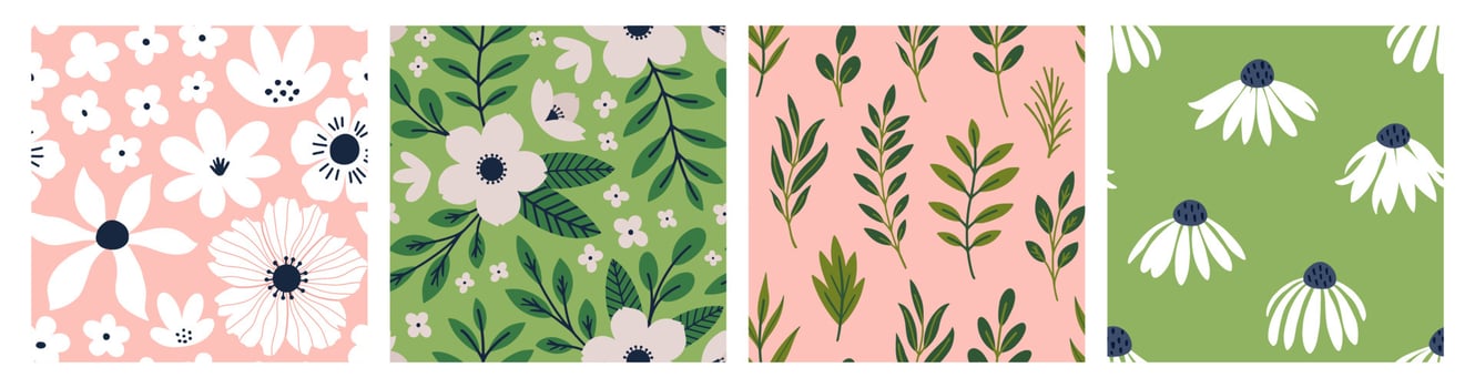 Aesthetic Contemporary printable seamless pattern with Spring botanical print design. Decorative chamomile, flowers and leaves. Pastel boho background in minimalist for fabric, wallpaper or wrapping. vector