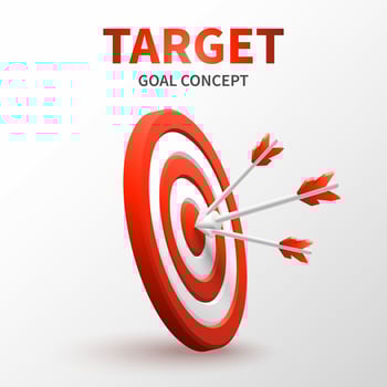Marketing success concept. Targeting the business. Realistic 3d design red target and arrow in center. Game of darts. Vector banner design. Business finance, goal of success, target achievement.