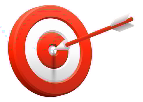 Realistic 3d design red round target and arrow in center isolated on white. Marketing success concept. Targeting the business. Game of darts. Business finance, goal of success, target achievement. vector