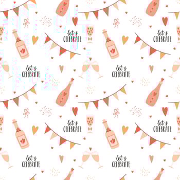 Seamless pattern with decorated bottles of wine, glasses and festive flags, phrase Let's celebrate. Cute color vector illustrations on white. Perfect for wrapping paper for Valentine's Day, birthday.