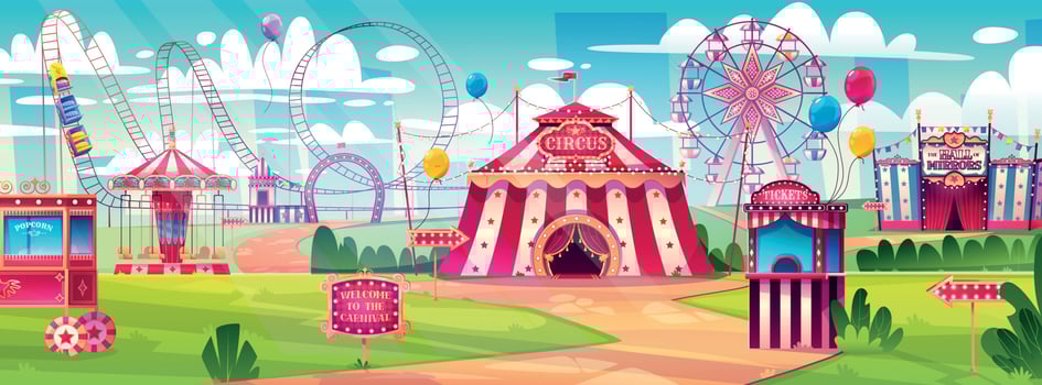 Amusement park, carnival, funfair with circus tent vector