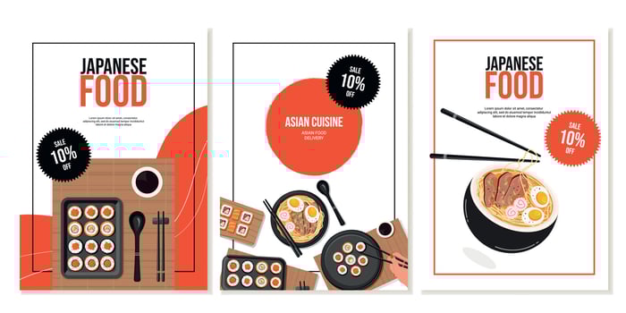 Set of flyer designs with rolls, sushi, ramen soup. Japanese food, healthy food, Asian restaurant, menu. Vector illustration. Banner, promo, advertising.