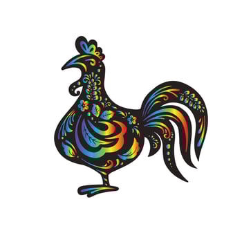 Black rooster, hen with flower rainbow painting, vector