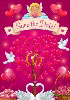 Wedding party card. Save the date, cupid and birds vector