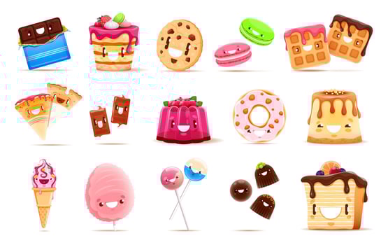 Cartoon funny sweets, desserts, bakery characters vector