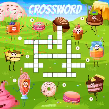 Crossword quiz game grid, cartoon sweets, desserts vector