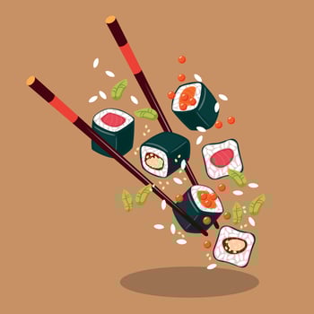 Levitation Of Japanese Food. Flying Buns And Sticks. Brown Background, Menu vector