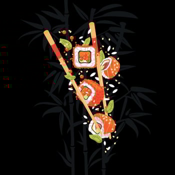Asian food. Levitation of Japanese food. Asian traditional food. Flying sushi and sticks. Black background. Design concept for menu, poster. Sushi, rolls with salmon, shrimp, tuna. popular food vector