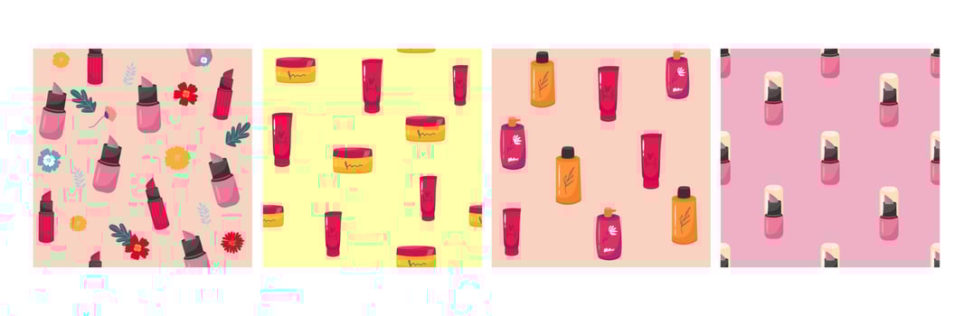 se of Makeup seamless pattern. Illustrations of different cosmetics. Lipstick and pomade glamour vector background