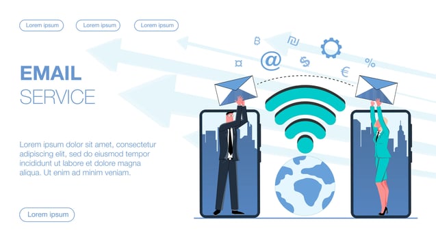 a successful businessman and a businesswoman on the phone in front of the city exchanging emails via email on wifi around the world vector flat illustration