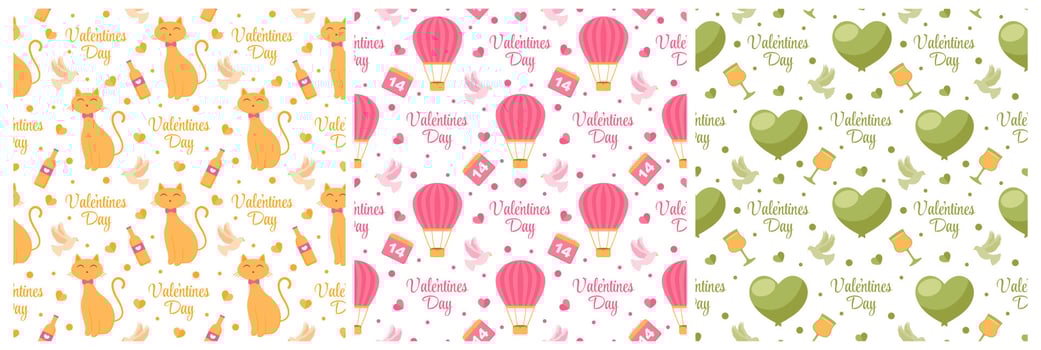 Set of Happy Valentines Day Seamless Pattern Design Love Greeting Card Template Hand Drawn Cartoon Flat Illustration vector