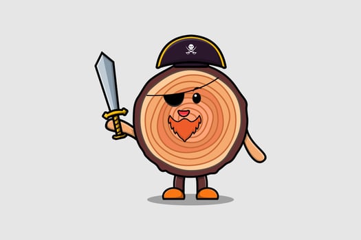 cartoon mascot Wood trunk pirate holding sword vector