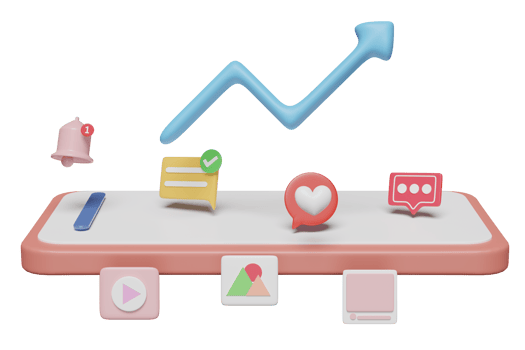 3d social media with mobile phone, smartphone icons, arrow graph isolated. online social, communication applications concept, 3d render illustration png
