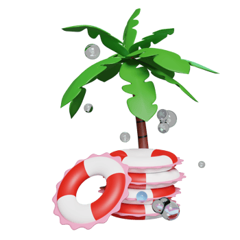 3d pile of stacked red white lifebuoy for water safety, water splash, palm tree isolated. summer travel concept, 3d render illustration png