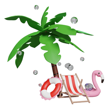 3d summer sea beach with beach chair, Inflatable flamingo, lifebuoy, water splash, palm tree isolated. summer travel concept, 3d render illustration png