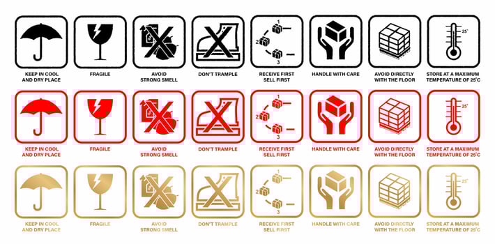 illustration a eight or 8 icons conceptual Fragile types of words set with three or 3 colors for warning handle with care logistics, delivery shipping labels, container, box, cargo, advertisement sign vector
