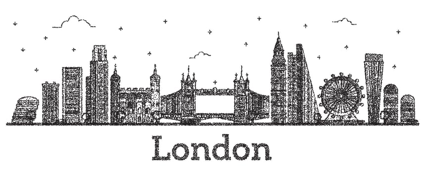 Engraved London England City Skyline with Modern Buildings Isolated on White. vector
