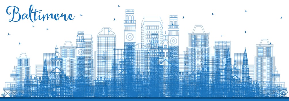 Outline Baltimore Maryland City Skyline with Blue Buildings. vector