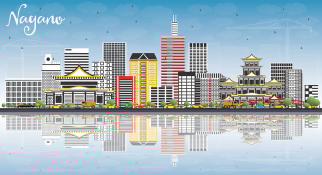 Nagano Japan City Skyline with Color Buildings, Blue Sky and Reflections. vector