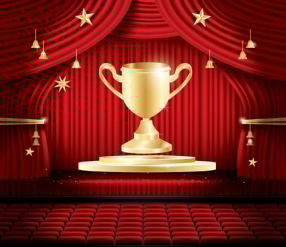 Golden Winner Cup and Red Stage Curtain. vector