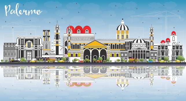 Palermo Italy City Skyline with Color Buildings, Blue Sky and Reflections. vector