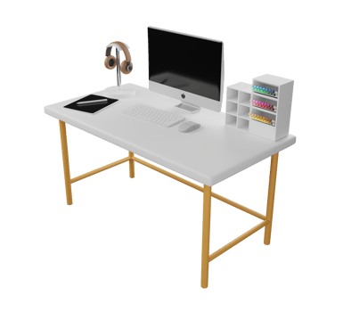 Desk with computer, earphones, pen. 3D rendering. png