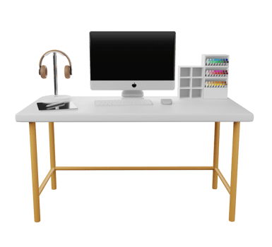 Desk with computer, earphones, pen. 3D rendering. png