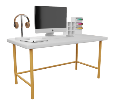 Desk with computer, earphones, pen. 3D rendering png