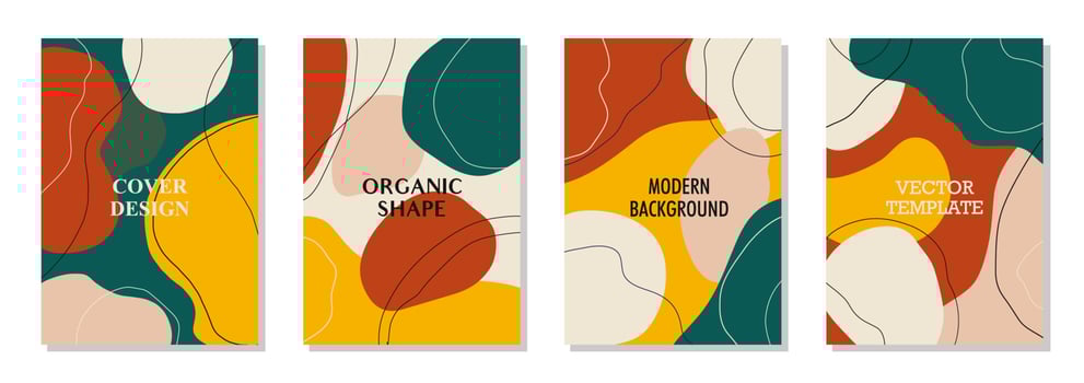 Set of 4 wall art posters, brochure, flyer templates. Organic line abstract shapes, hand drawn design, simple wallpaper. Dynamic contemporary line graphic vector vintage design, liquid or fluid.