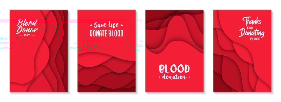 Set of 4 Blood Donation abstract graphic organic paper cut shapes. Dynamical waves, fluid shapes. Red banners with flowing lines, Donor quotes. Template for the design of a logo, flyer, presentation vector
