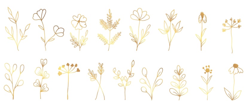 Luxury hand drawn botanical vector set. Collection of abstract gradient golden spring wild flowers, grass, leaf branch in minimal line art. Design illustration for logo, wedding, invitation, decor