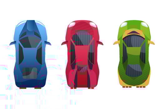 Set race car top view in cartoon style transport with shadows and light isolated on white background. Collection modern urban civilian vehicle. . Vector illustration