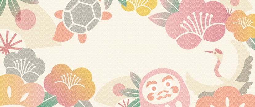 Japanese background vector illustration. Happy new year decoration template pastel japanese pattern style with daruma doll, flower shape, crane bird, fan. Design for card, wallpaper, poster, banner.