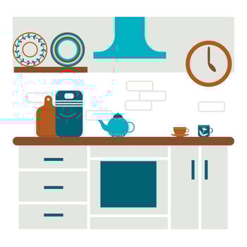 Kitchen interior in flat style with furniture. Blue and brown colors. Stock vector illustration, eps 10.