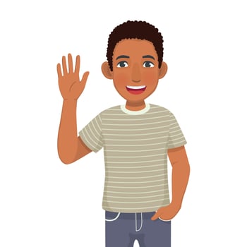 Happy young African man with hand in the pocket waving hand and say hello greeting gesture vector