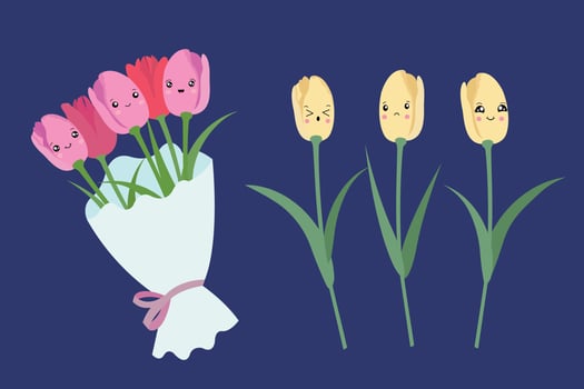 Bouquet of tulips in kawaii cartoon style. Vector illustration