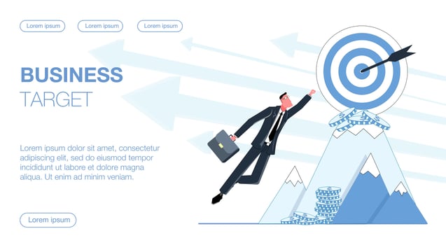 businessman flies to the top of the mountain, where among the gold coins is his business target flat vector illustration