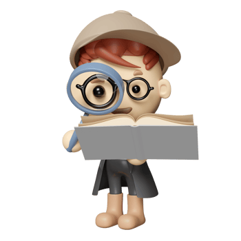 3d cartoon boy detective character hand hold open book with magnifying glass, brown hat isolated. studying, researching concept, 3d render illustration png